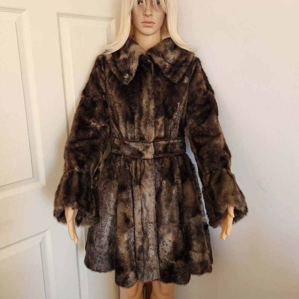 LAUNDRY by SHELLI SEGAL Brown Faux Fur Coat with Zip Front Women's Size XS